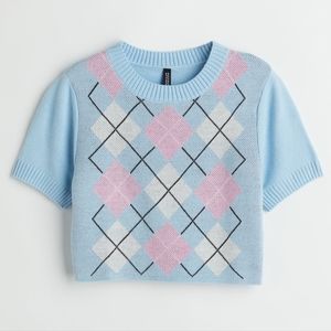 H&M Knit Short Sleeve Argyle Crop Top